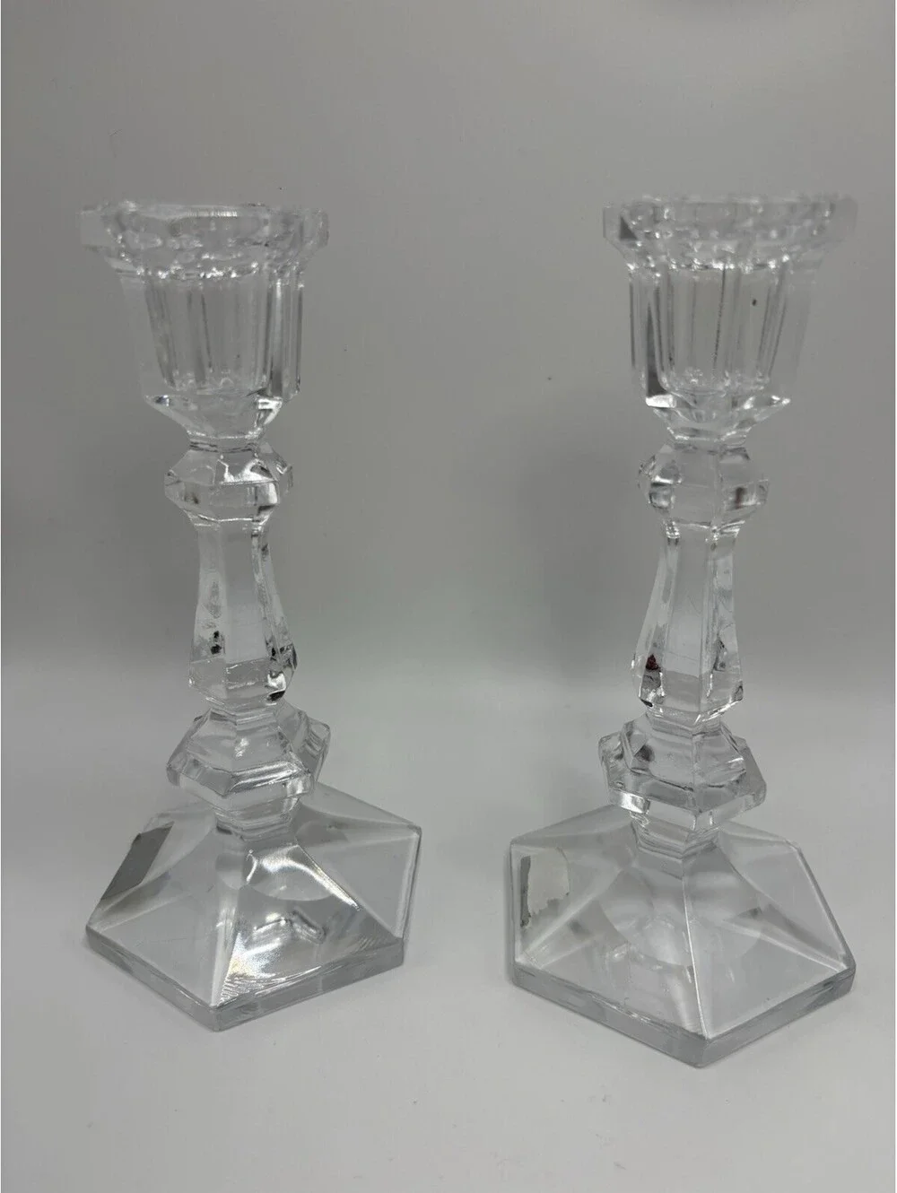 Vintage Mikasa Style 7 Inch Hexagonal Crystal Candle Holders Pair